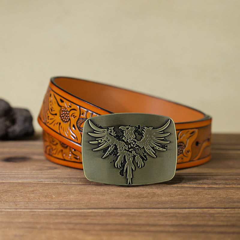 Men's DIY Rising Phoenix Eagle Buckle Leather Belt - Bronze - Orange Carved Belt (40) - image 21