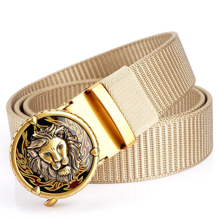 Men's Practical Lion Head Pattern Nylon Belt - Beige / Gold - 48" - image 13