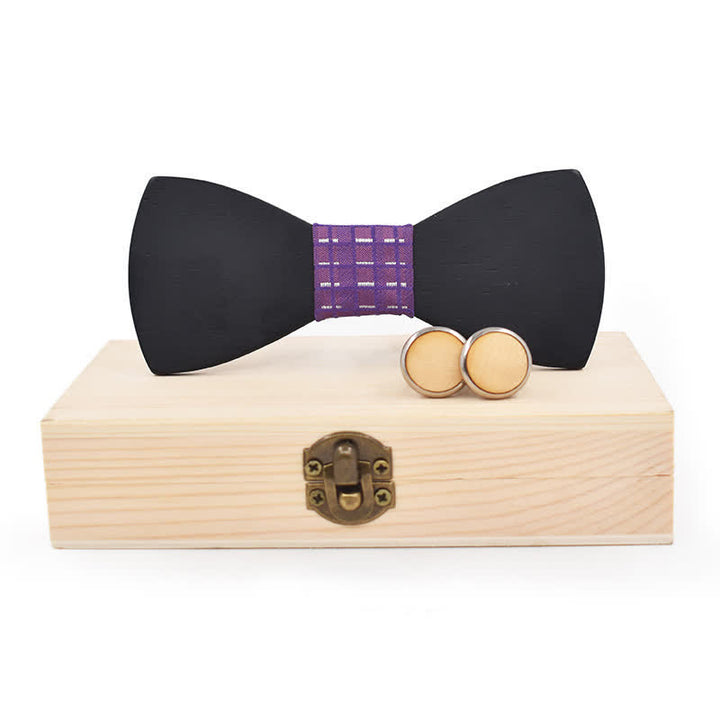 2Pcs Men's Black Wooden Bow Tie Cufflinks Set - Violet Plaid - image 10