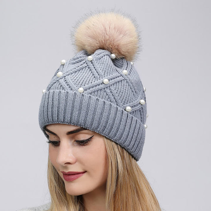 Women's Cute Pearls Deor Pompoms Stretchy Knitted Hat - Gray - Adjustable (21 5/8"-23 5/8") - image 4