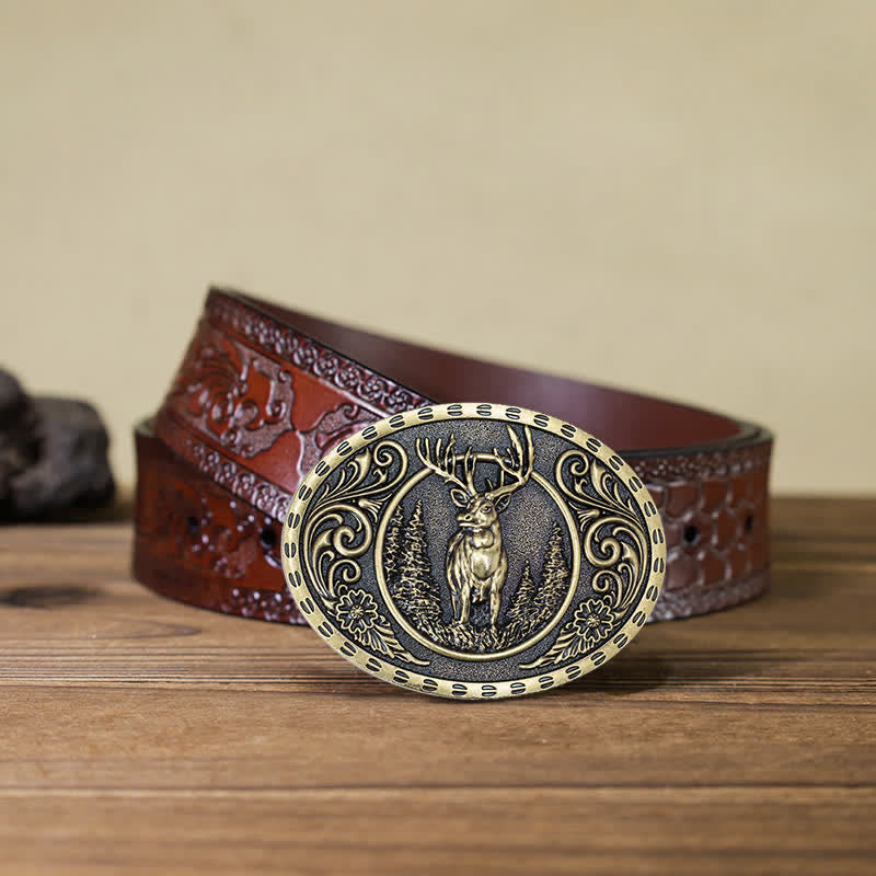 Men's DIY Deer Hunter American Flag Buckle Leather Belt - Gold Deer - Brown Carved Belt (40) - image 32