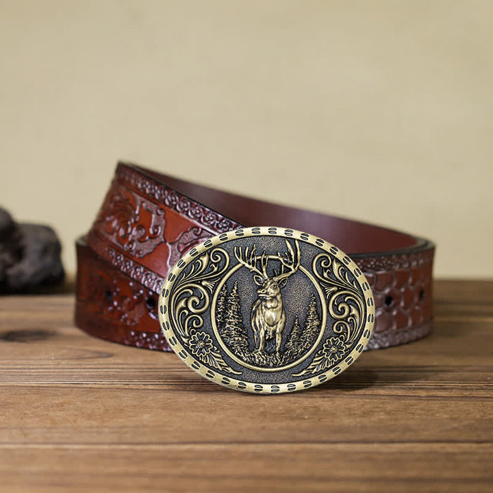 Men's DIY Deer Hunter American Flag Buckle Leather Belt - Gold Deer - Brown Carved Belt (40) - image 32