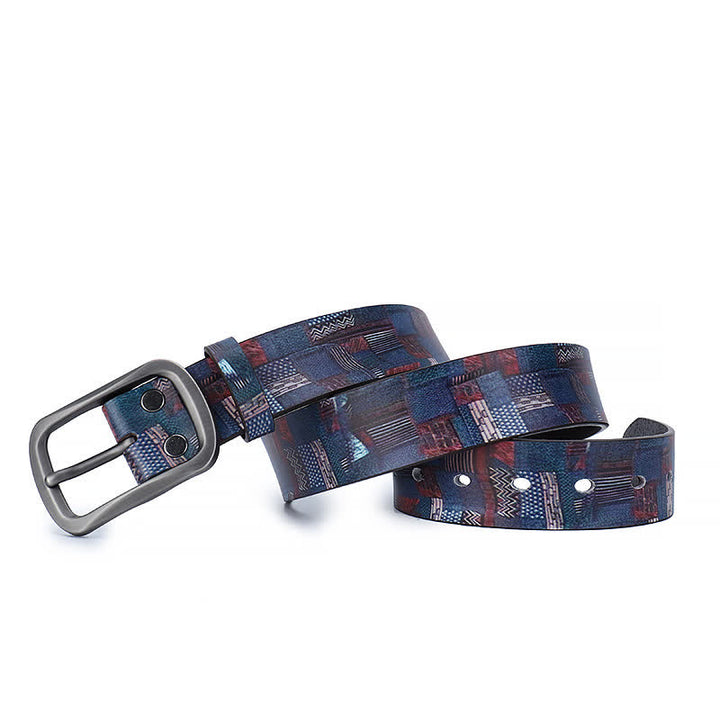 Navy Blue Splicing Graffiti Pattern Genuine Leather Belt - image 2