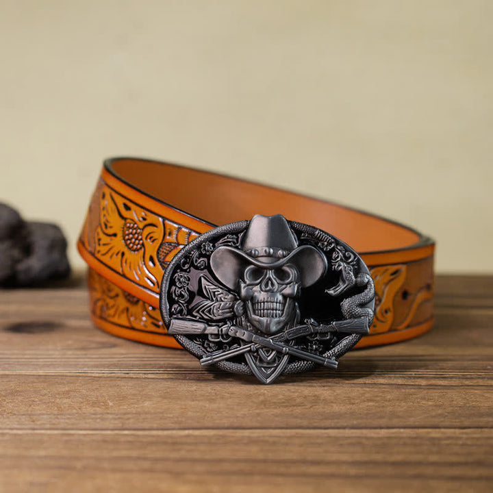 Men's DIY Skull With Cross Guns Buckle Leather Belt - Skull - Orange Carved Belt (40) - image 14