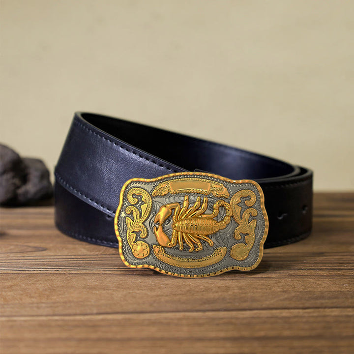 Men's DIY Golden Scorpion Buckle Leather Belt - Rectangular - Black PU Belt (40) - image 8