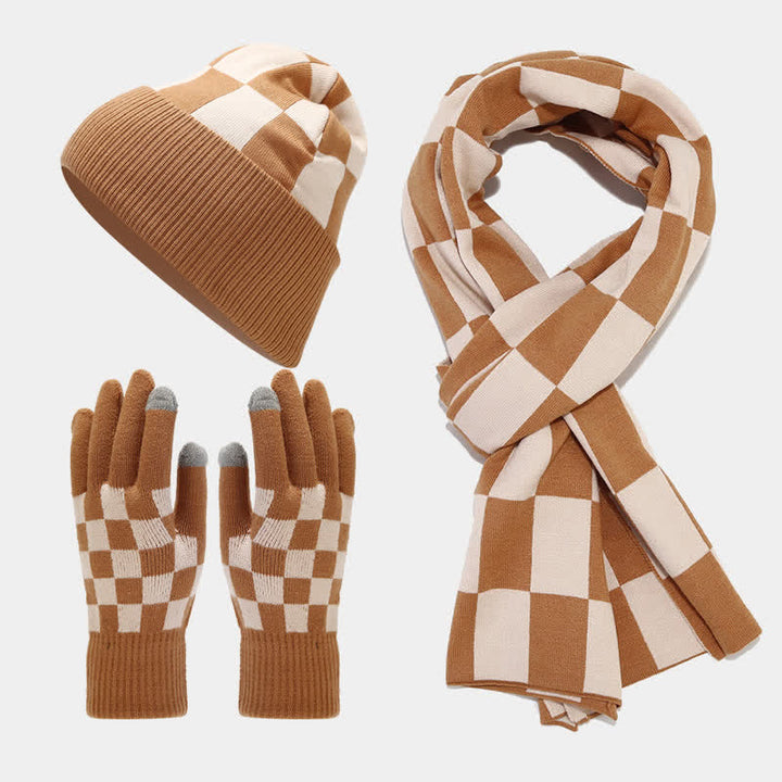 3Pcs Unisex Checkerboard Plaid Hat Scarf Gloves Set - Yellow - Adjustable (22"-22 7/8") - image 0