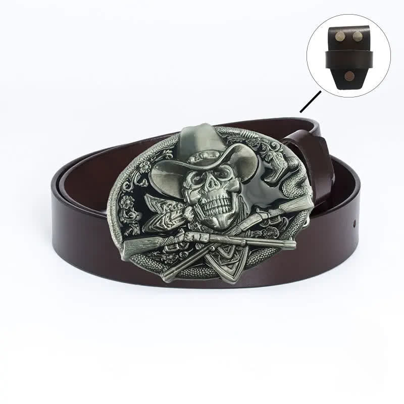Men's Pirate Skull Cross Guns Leather Belt - Leather Linker - Brown / Black Glaze - 46 - image 16