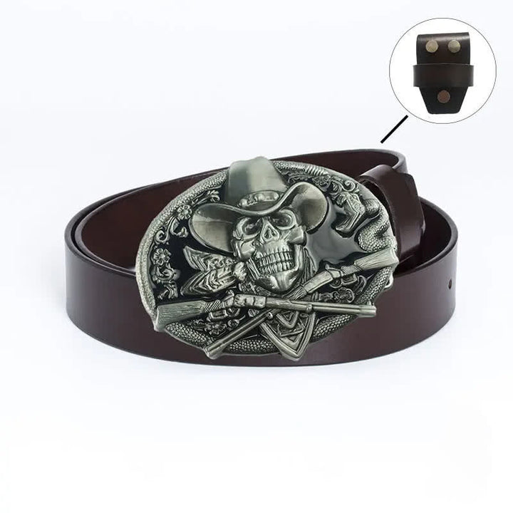 Men's Pirate Skull Cross Guns Leather Belt - Leather Linker - Brown / Black Glaze - 46 - image 16