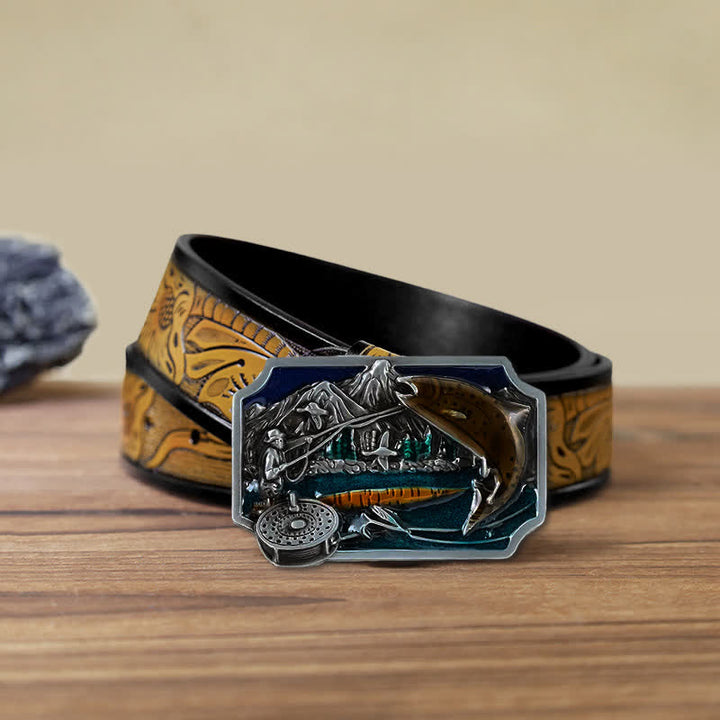 Men's DIY Fishing Enamel Rectangle Buckle Leather Belt - Fishing - SandyBrown Belt (40) - image 13