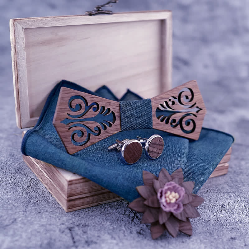 4Pcs Men's Hollow Flower Pattern Wooden Bow Tie Set - image 1