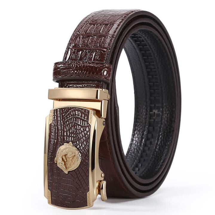 Men's Crocodile Pattern Automatic Buckle Leather Belt - Style #7 - Brown / Gold - 44 - image 24
