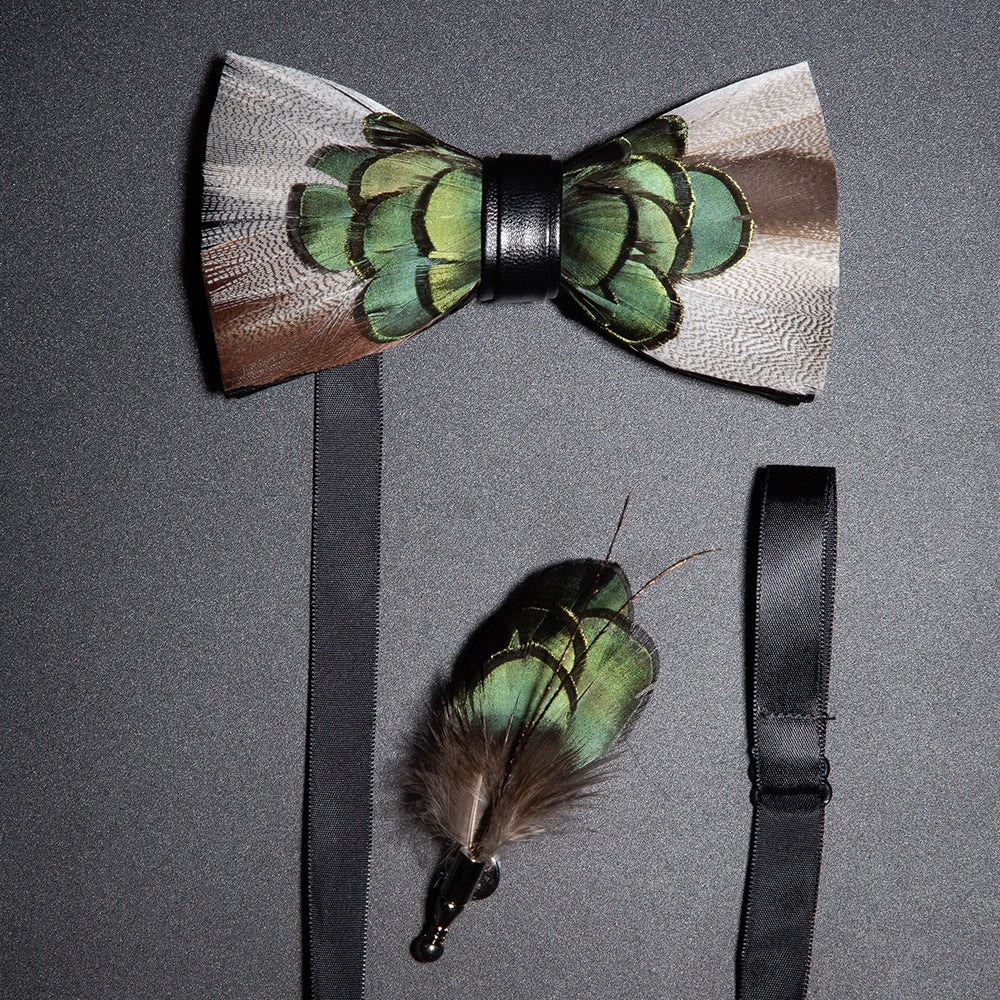 Grey & Forest Green Feather Bow Tie with Lapel Pin - Grey & Forest Green - image 0