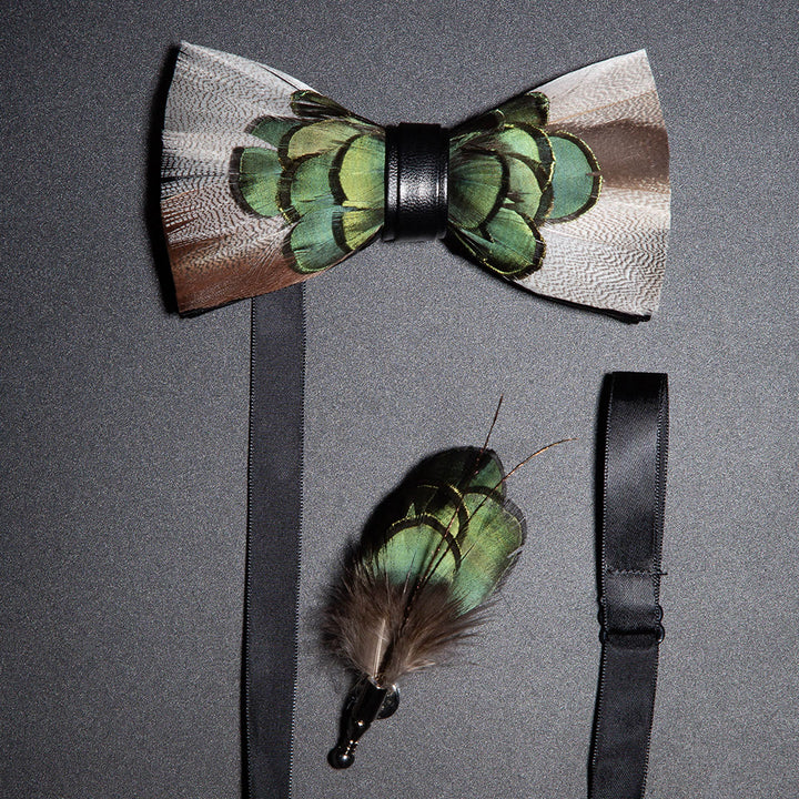 Grey & Forest Green Feather Bow Tie with Lapel Pin - Grey & Forest Green - image 0