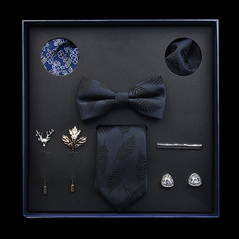 8Pcs Black Vintage Leaf Necktie Bow Ties Gift Box - Black - image 0