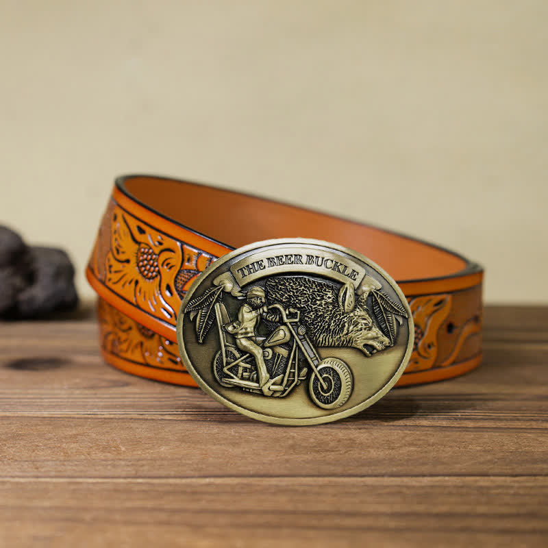 Men's DIY Motorcycle Creative Beer Holder Buckle Leather Belt - Bronze - Orange Carved Belt (40) - image 33