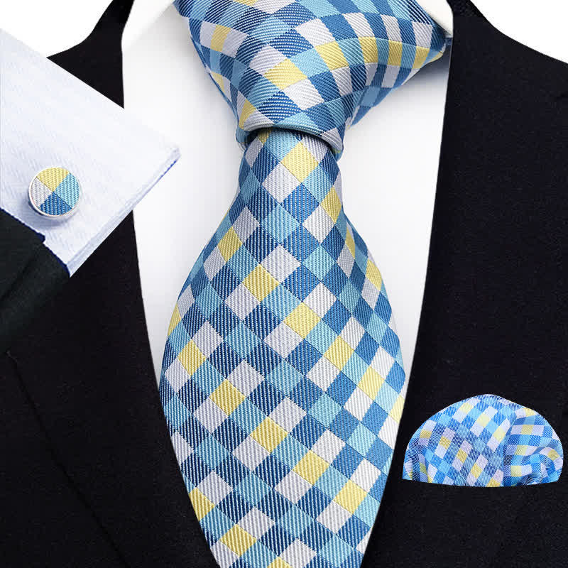 3Pcs Men's SkyBlue & Yellow Check Necktie Set - SkyBlue & Yellow - image 0