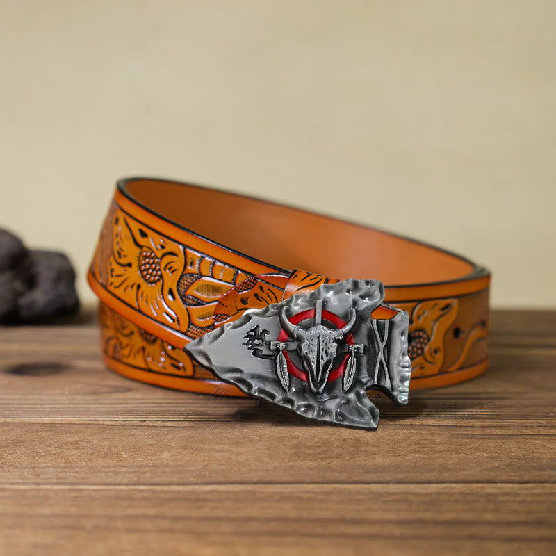 Men's DIY Arrowhead Shaped Bull Buckle Leather Belt - Antique Silver - Orange Carved Belt (40) - image 23
