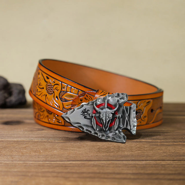 Men's DIY Arrowhead Shaped Bull Buckle Leather Belt - Antique Silver - Orange Carved Belt (40) - image 23