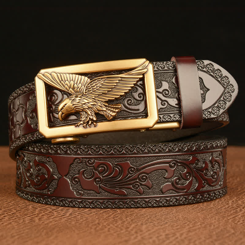 Men's Vintage Hollow Eagle Buckle Leather Belt - Gold & Brown - 46 - image 0