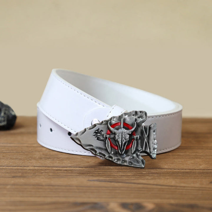 Men's DIY Arrowhead Shaped Bull Buckle Leather Belt - Antique Silver - White PU Belt (40) - image 8