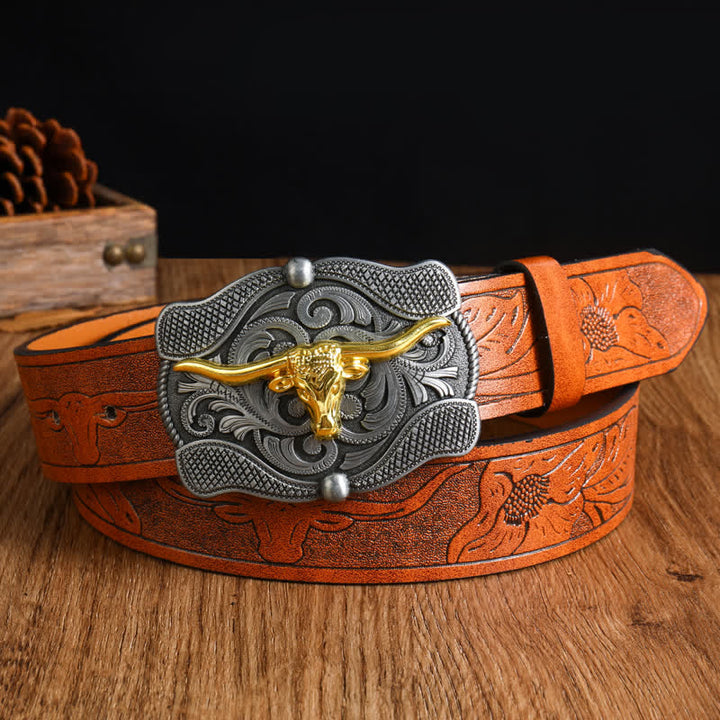 Men's Square Golden Longhorn Bull Leather Belt - image 9