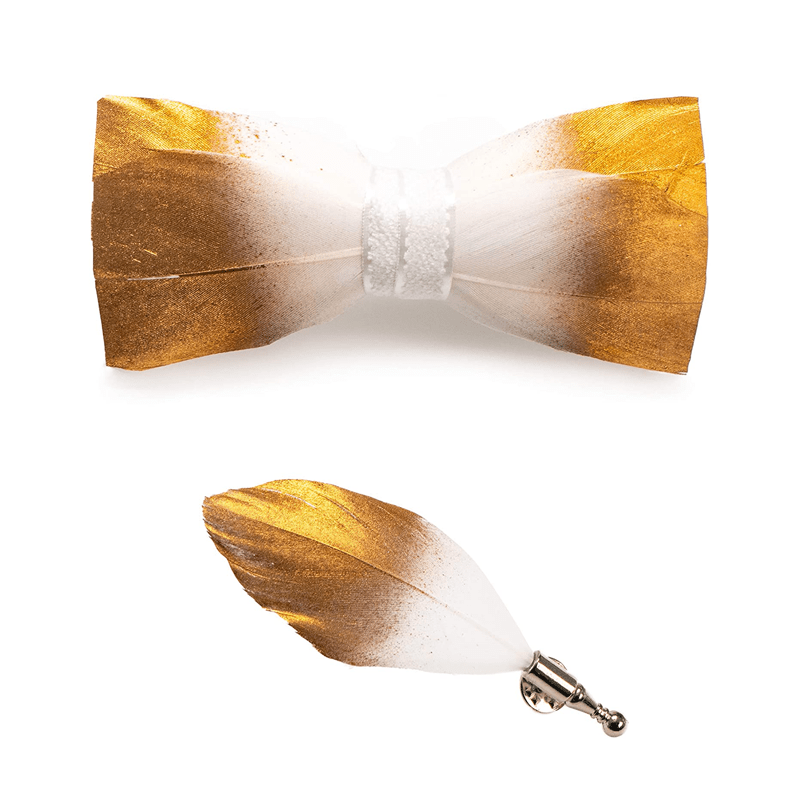 Gold & White Classic Feather Bow Tie with Lapel Pin - image 2