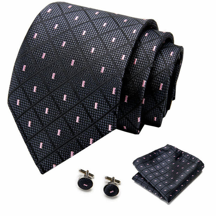 3Pcs Men's Black & Pink Check & Dots Necktie Set - image 1
