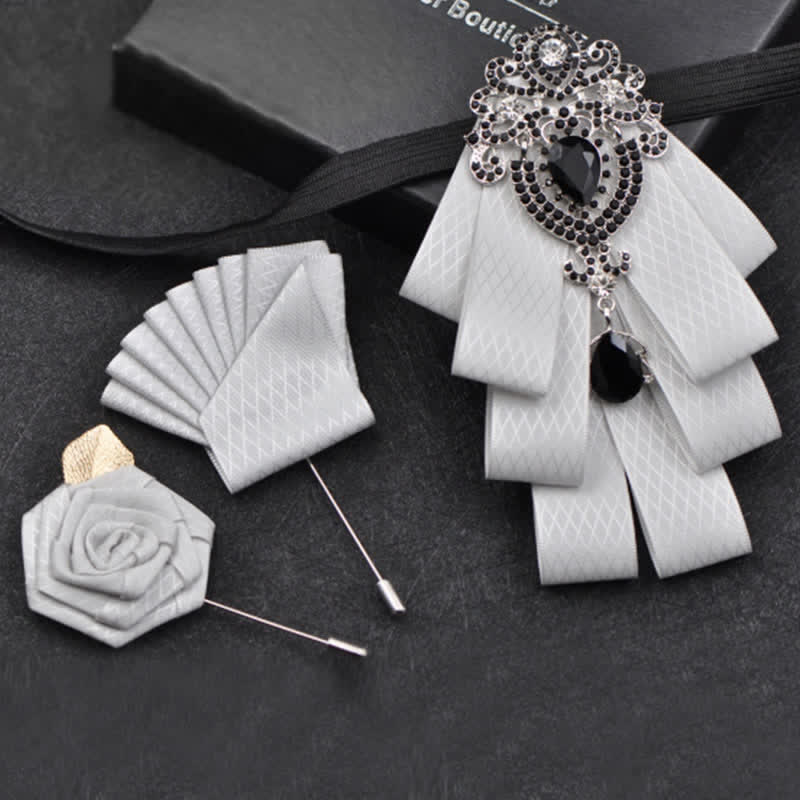 3Pcs Plaid Black Rhinestone Bow Tie Set - White Lattice - image 11