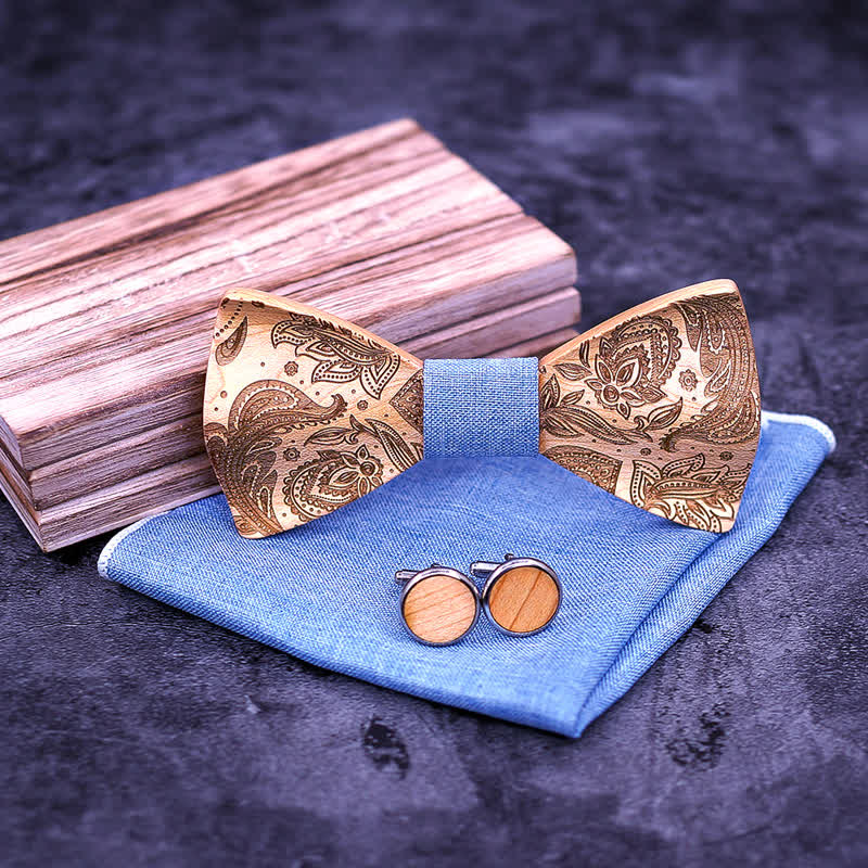 3Pcs Men's Carving Paisley Wooden Bow Tie Set - image 3