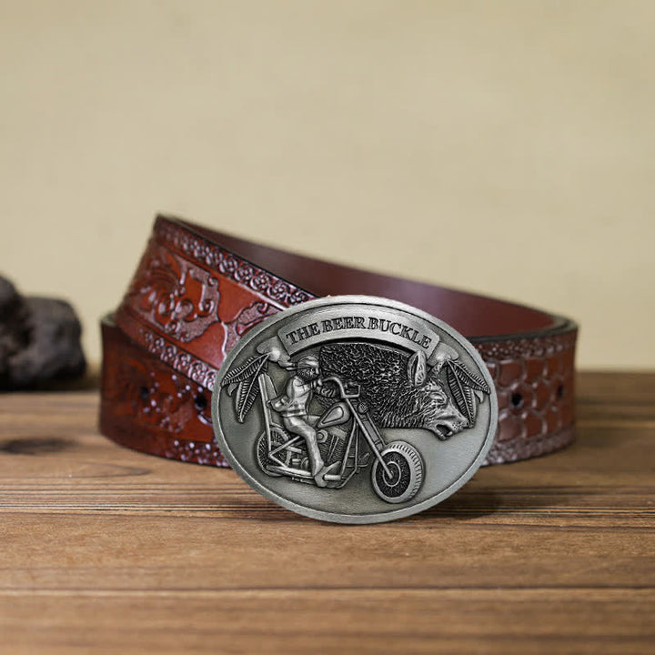 Men's DIY Motorcycle Creative Beer Holder Buckle Leather Belt - Silver - Brown Carved Belt (40) - image 24