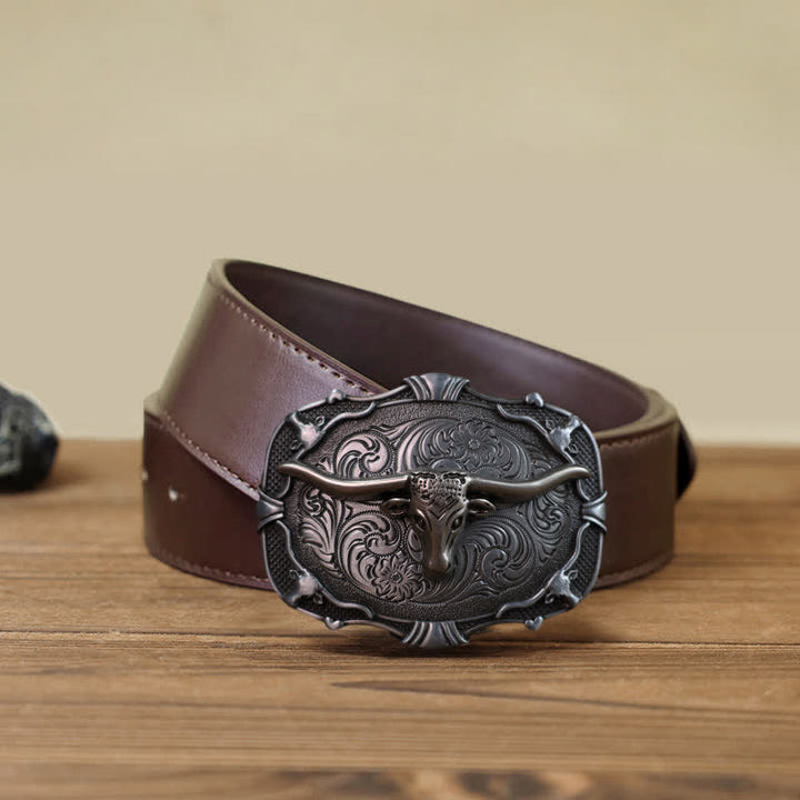 Men's DIY Silver Longhorn Bull Square Buckle Leather Belt - Bull - Brown PU Belt (40) - image 6