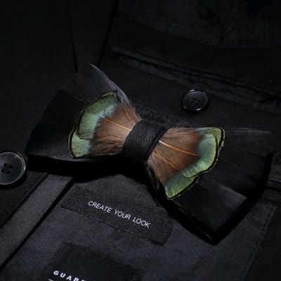 Green & Brown Spring Feather Bow Tie with Lapel Pin - image 1