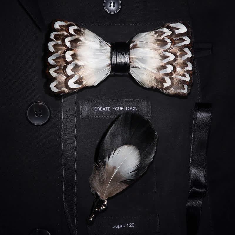 White & Brown Wilderness Feather Bow Tie with Lapel Pin - White & Brown - image 0