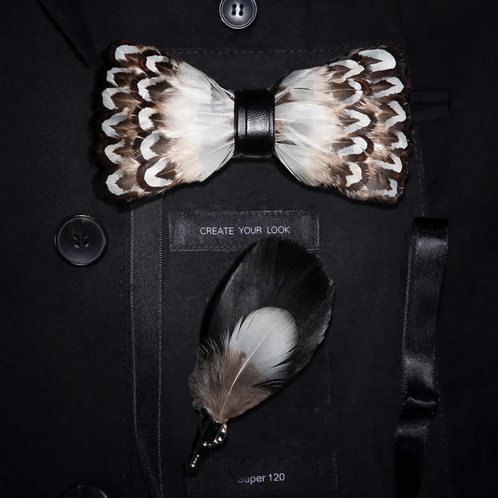 White & Brown Wilderness Feather Bow Tie with Lapel Pin - White & Brown - image 0