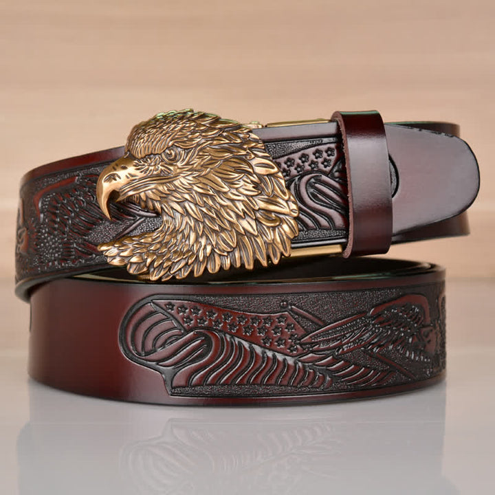Men's Intricate Eagle Head Automatic Buckle Leather Belt - Coffee / Bronze - 46 - image 9