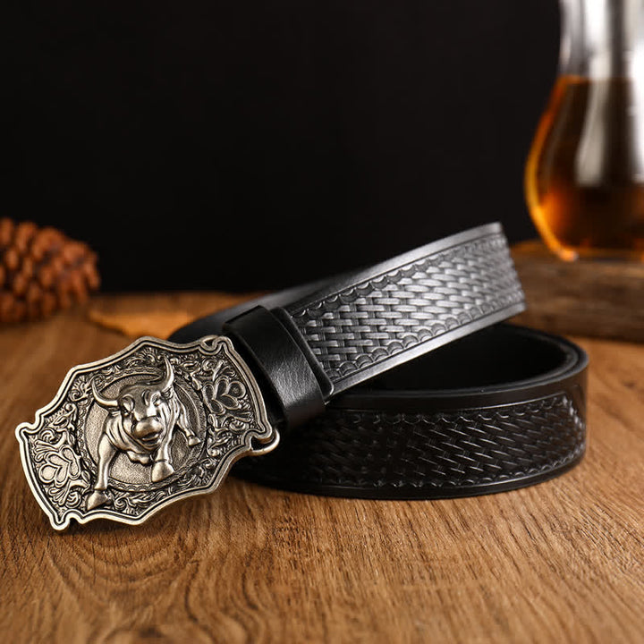 Men's Yak Matador Style Bull Buckle Leather Belt - Black / Silver - 42 - image 4