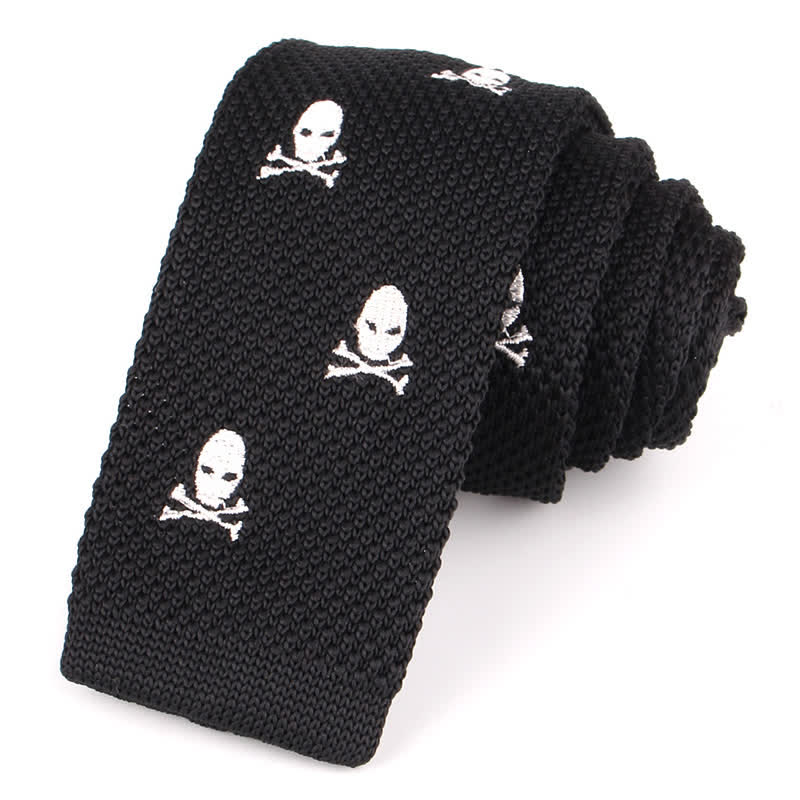 Men's Repeating Motifs Skinny Knitted Necktie - Black Skeleton - image 7