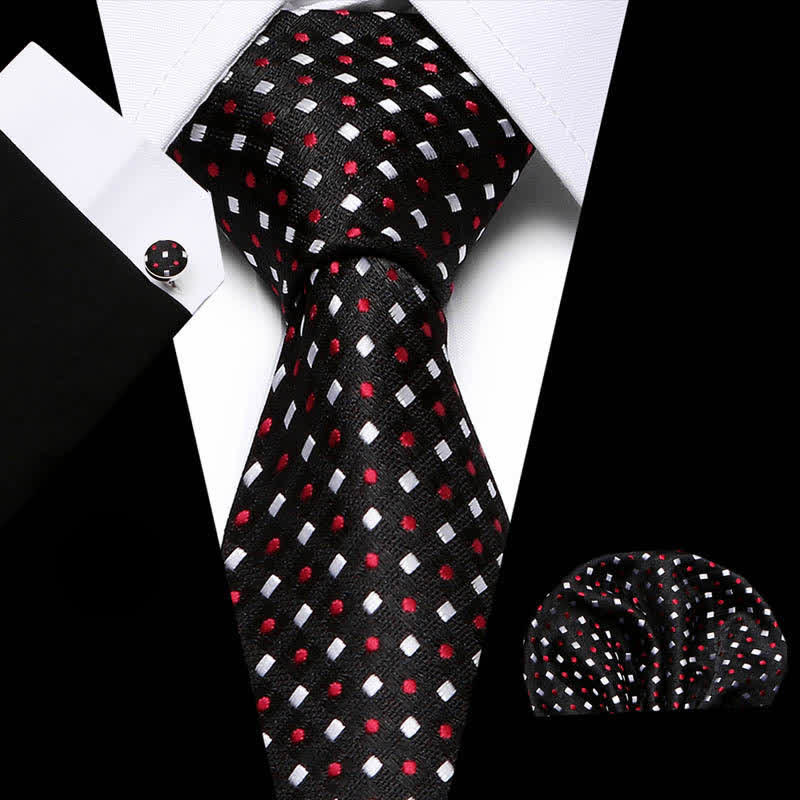 3Pcs Men's Red Dots & White Square Black Necktie Set - Black - image 0