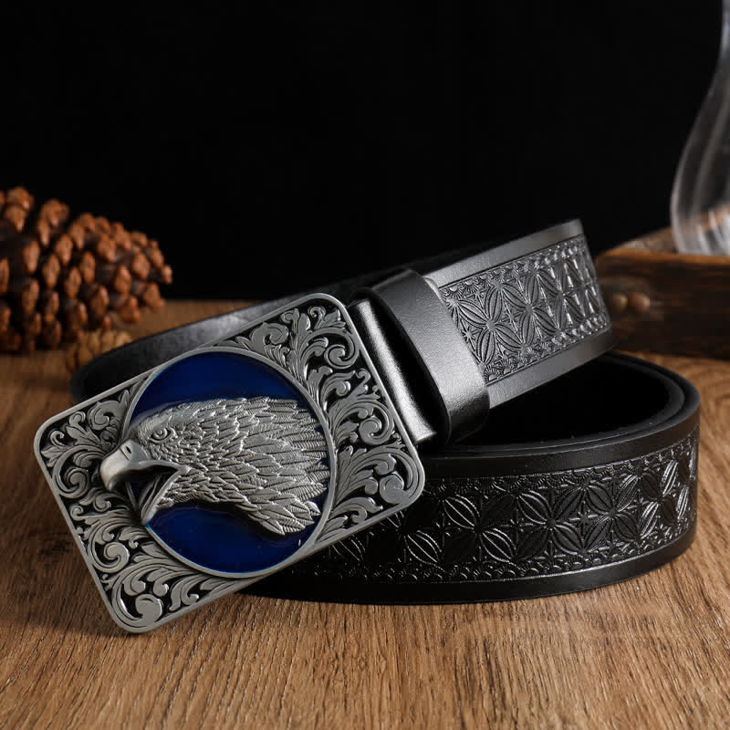 Men's Rectangular Bald Eagle Head Western Leather Belt - Black #1 - 42 - image 0