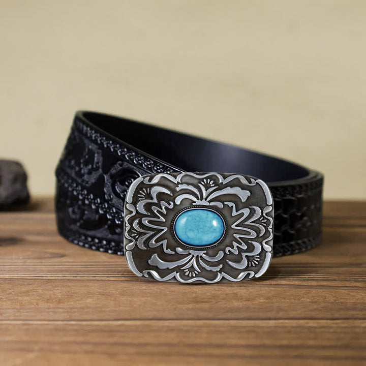 Men's DIY Turquoise Stone Flower Buckle Leather Belt - Turquoise - Black Carved Belt (40) - image 10