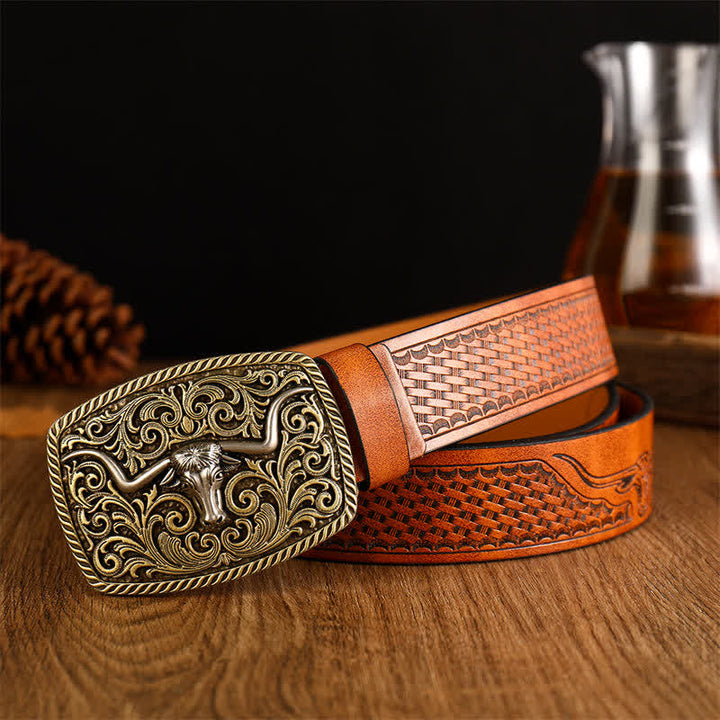 Men's Flower Square Bull Buckle Leather Belt - Yellowish-Brown / Gold #2 - 38 - image 3