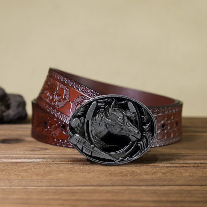 Men's DIY Horseshoe Black Enamel Buckle Leather Belt - Horseshoe - Brown Carved Belt (40) - image 11