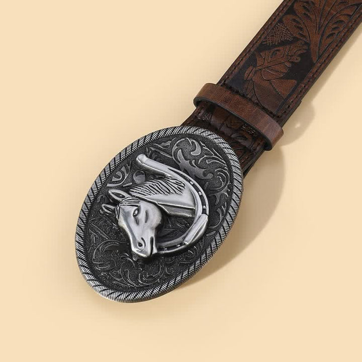 Men's Horse Head Brown Embossed Pattern Leather Belt - image 1