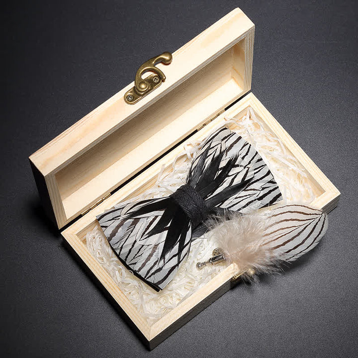 Black & White Zebra Stripe Feather Bow Tie with Lapel Pin - image 1