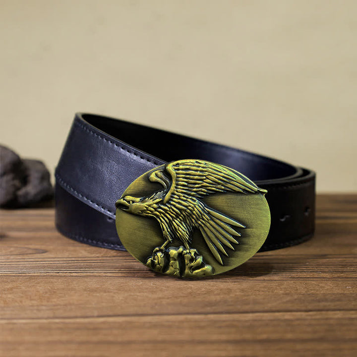 Men's DIY Eagle On Stone Buckle Leather Belt - Gold - Black PU Belt (40) - image 4