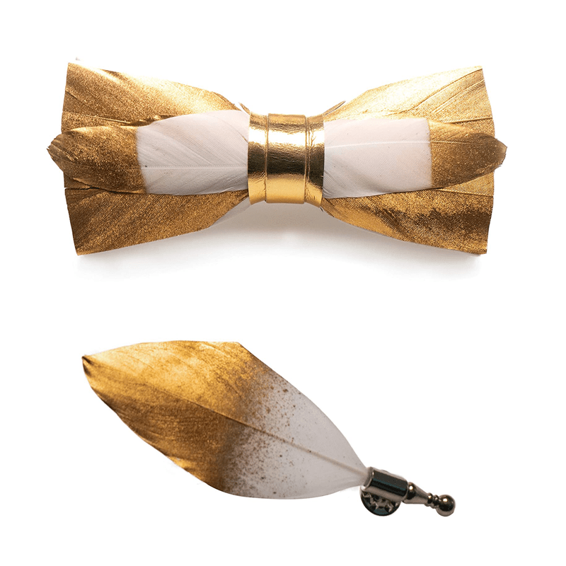 Gold & White Butterscotch Feather Bow Tie with Lapel Pin - image 3