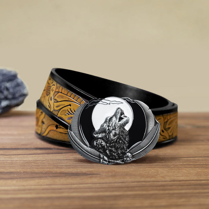 Men's DIY Howling Wolf Moon Oval Buckle Leather Belt - White - SandyBrown Belt (40) - image 17