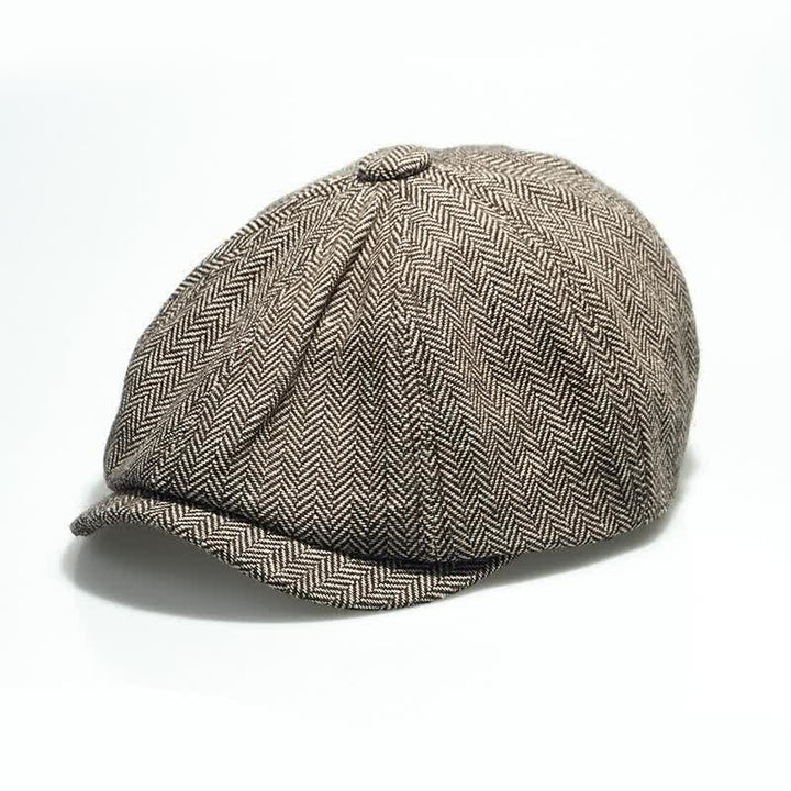 Men's Gentleman Herringbone Pattern Octagonal Beret Cap - Khaki - Adjustable (about 21 5/8"-23 1/4") - image 0