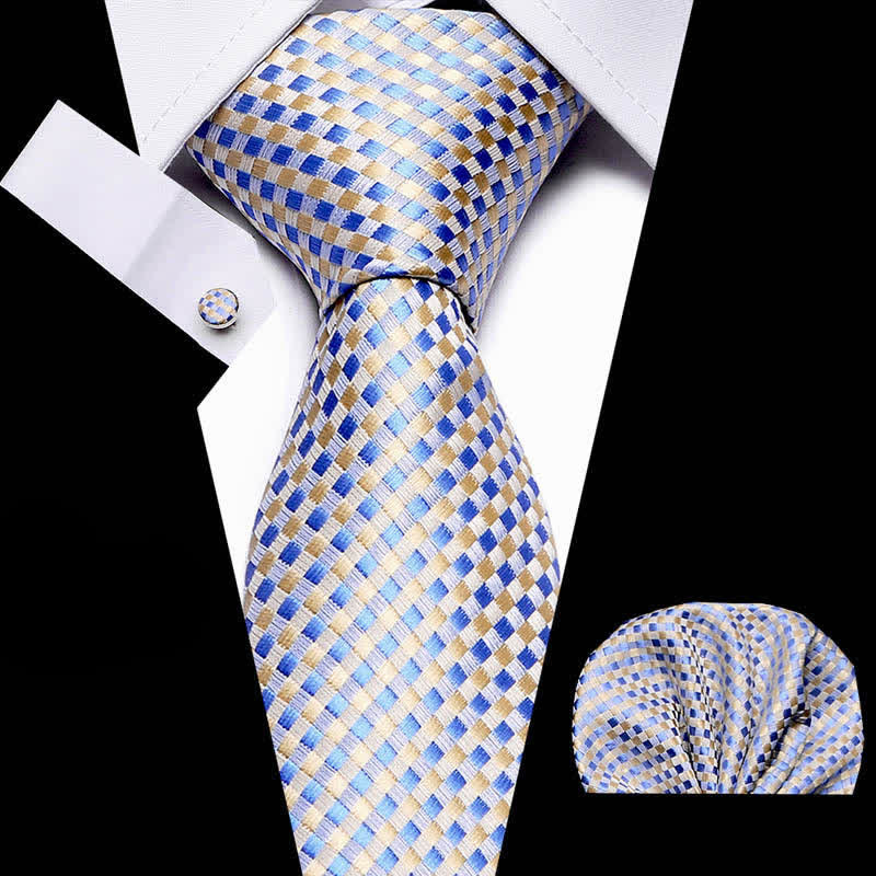 3Pcs Men's Yellow & Blue Woven-like Check Necktie Set - Yellow & Blue - image 0