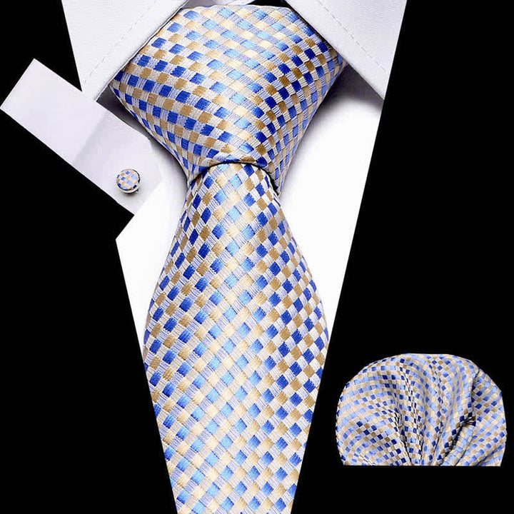 3Pcs Men's Yellow & Blue Woven-like Check Necktie Set - Yellow & Blue - image 0